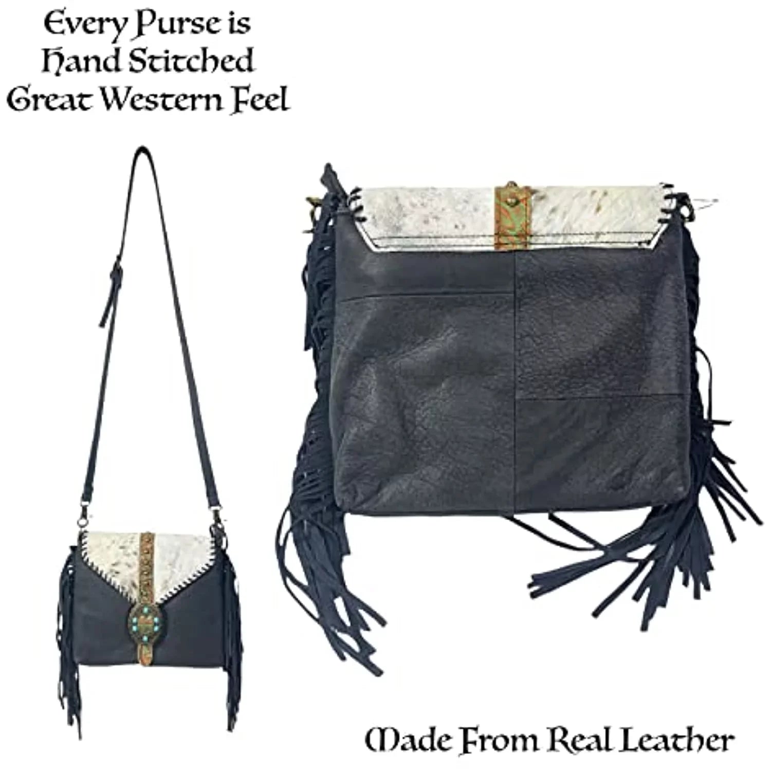 Urbalabs Western Crossbody Fringe Buckle Cowhair Leather Messenger Teal Stone Tooled Tote Bag Hand Stitched Purses (Blue)