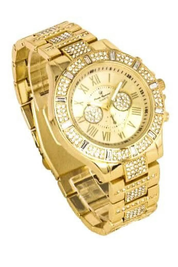 Iced Mens Single Watch- Big Rhinestones on Trim and Elegant Baguette Time Indicators on Dial - ST10226B (ST10506 Gold)