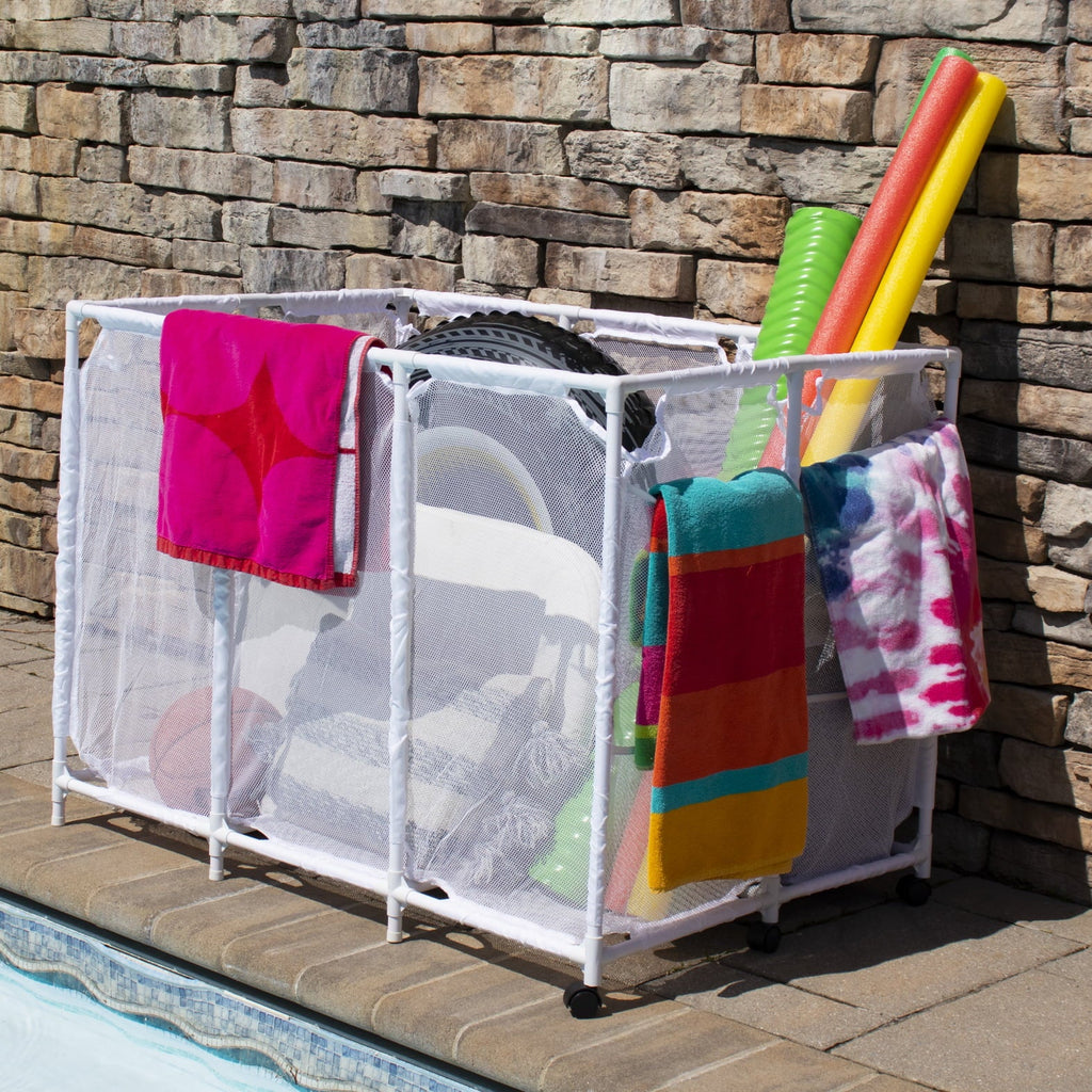 Essentially Yours Pool Noodles Holder, Toys, Floats, Balls and Floats Equipment Mesh Rolling Storage Organizer Bin,, Extra-Large, (47.2" W x 30.2" L x 34" H), White Style 455119