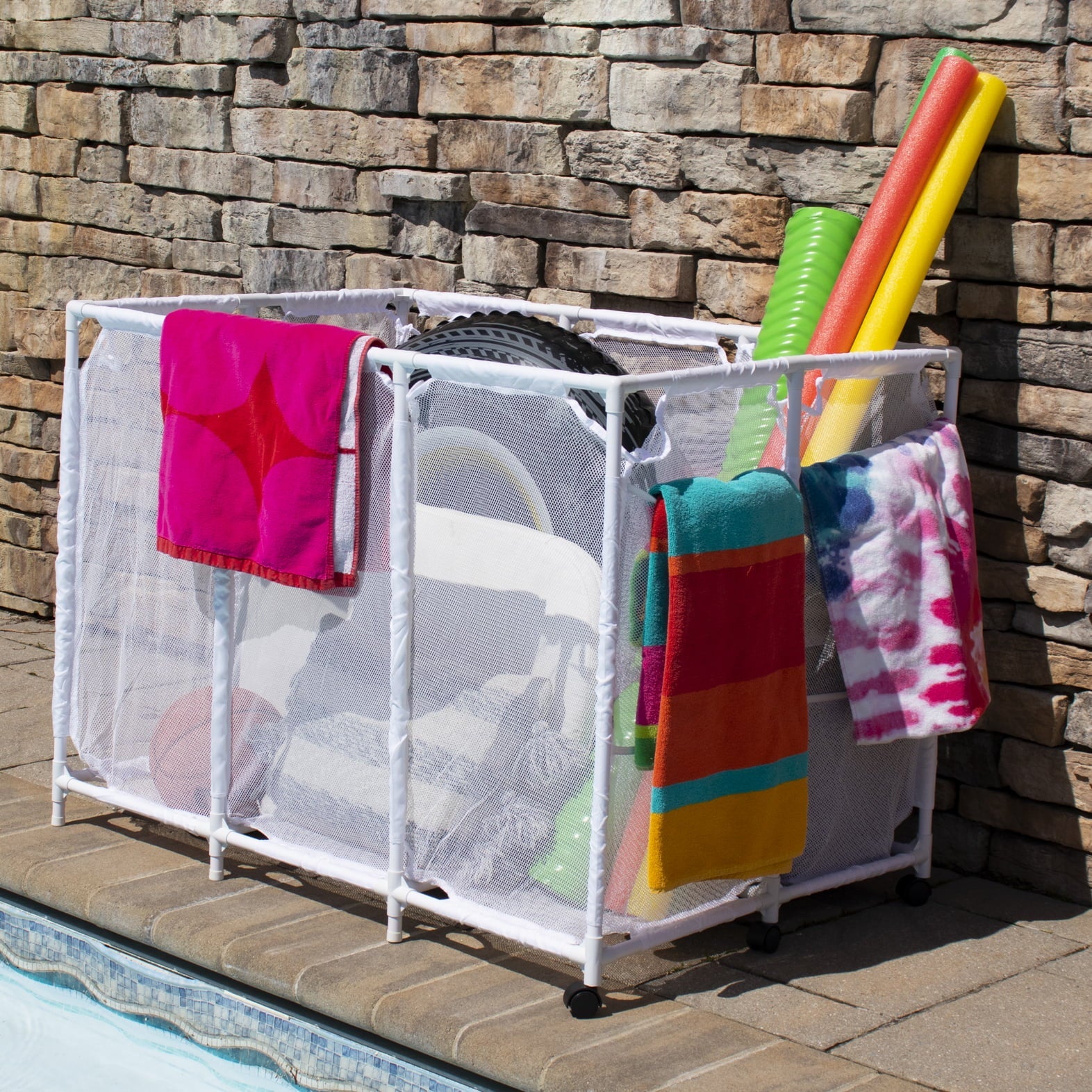 Essentially Yours Pool Noodles Holder, Toys, Floats, Balls and Floats Equipment Mesh Rolling Storage Organizer Bin,, Extra-Large, (47.2" W x 30.2" L x 34" H), White Style 455119