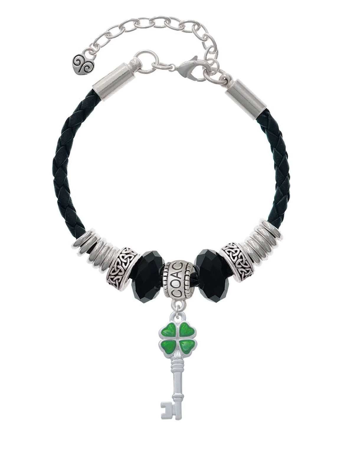Delight Jewelry Silvertone Translucent Green Lucky Four Leaf Clover Key Coach Celtic Knot Leather Bead Bracelet, 7"+2" Extender