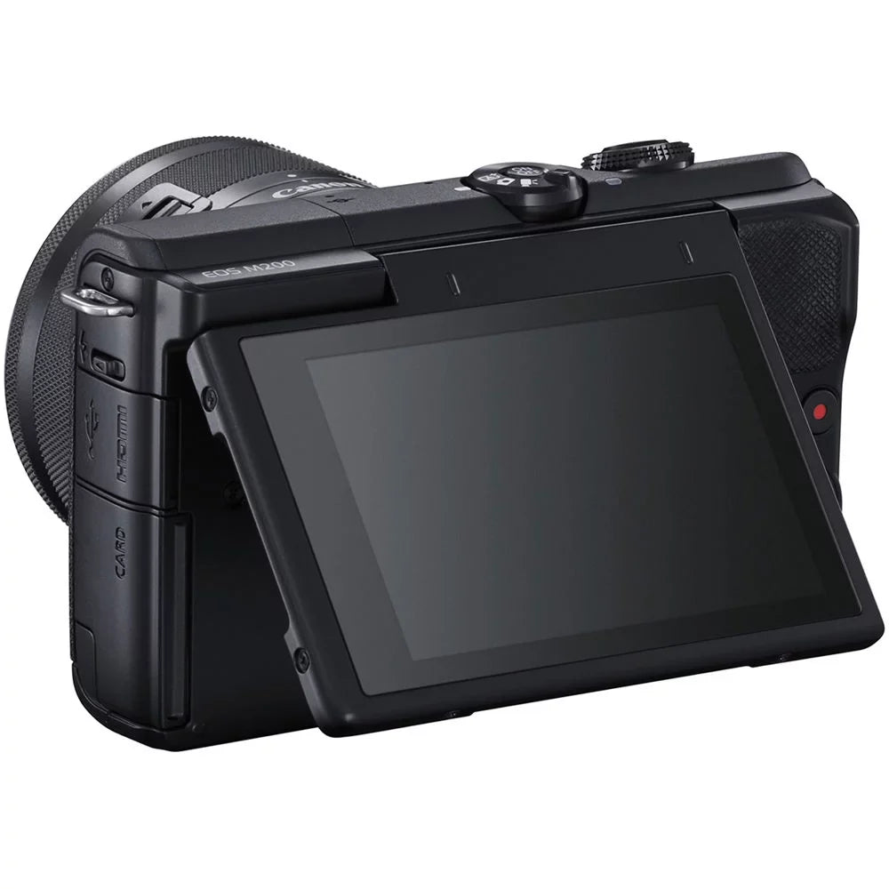 Repaired Canon EOS M200 Mirrorless Digital Camera with 15-45mm Lens (Black) (3699C009) + 64GB Memory Card + Case + Card Reader + Flex Tripod + Hand Strap + Cap Keeper + Memory Wallet + Cleaning Kit (Refurbished)