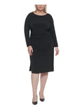 CALVIN KLEIN Womens Black Stretch Ruched Zippered Long Sleeve Round Neck Midi Wear To Work Sheath Dress Plus 16W
