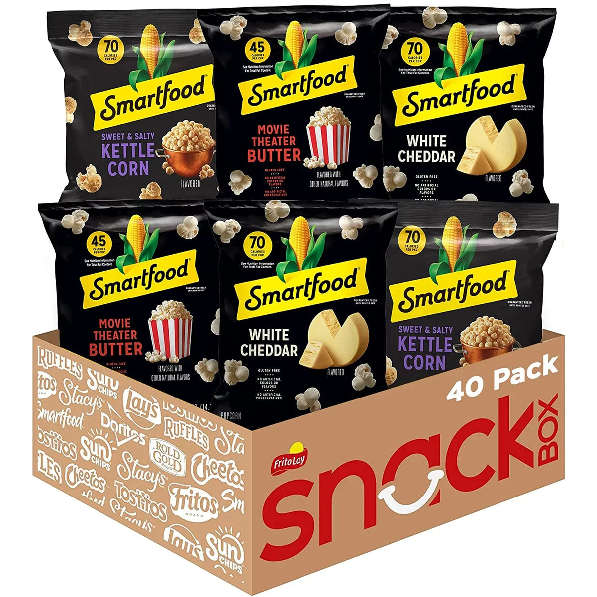(2 pack) Smartfood White Cheddar, Kettle Corn & Movie Theater Butter Flavor Variety Pack Popcorn Snacks, 0.5 oz Bags, 40 Count Multipack