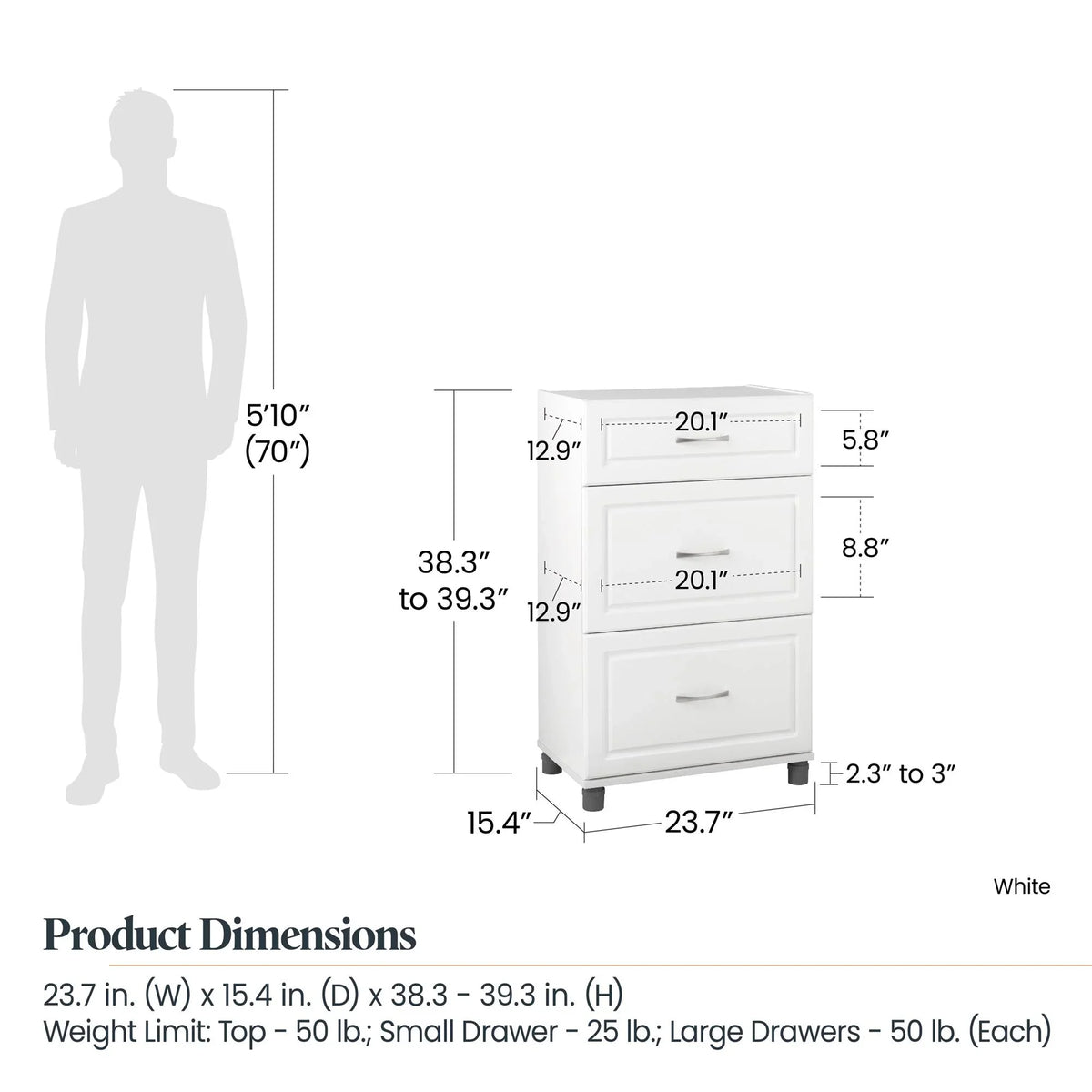 Systembuild Evolution Kendall 24" 3 Drawer Base Garage Storage Cabinet, White