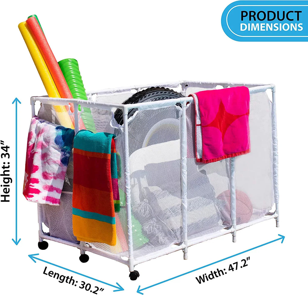 Essentially Yours Pool Noodles Holder, Toys, Floats, Balls and Floats Equipment Mesh Rolling Storage Organizer Bin,, Extra-Large, (47.2" W x 30.2" L x 34" H), White Style 455119