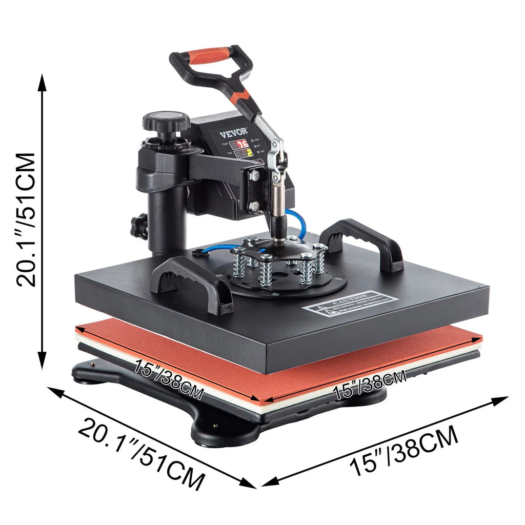 VEVORbrand 6 in 1 Heat Press Machine 15"x15" Combo Digital Multifunctional Sublimation Heat Transfer Machine Dual LED Panel 360 Degree Rotation Swing Away for Printing T Shirts Hat Mug Cap Plate
