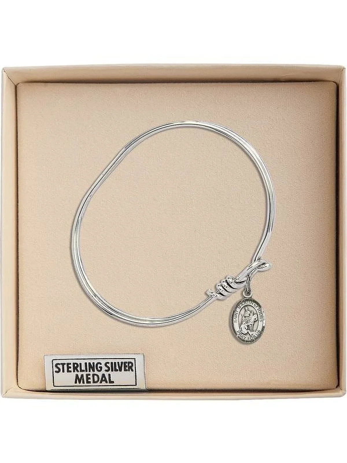 5 3/4 inch Oval Eye Hook Bangle Bracelet w/ St. Martin of Tours in Sterling Silver