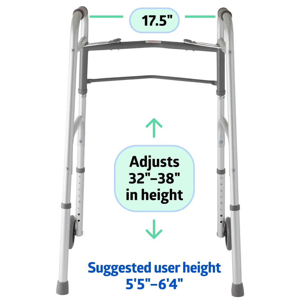 Medline Lightweight Folding Walker with 5” Wheels, Aluminum Frame Supports up to 300 lbs.