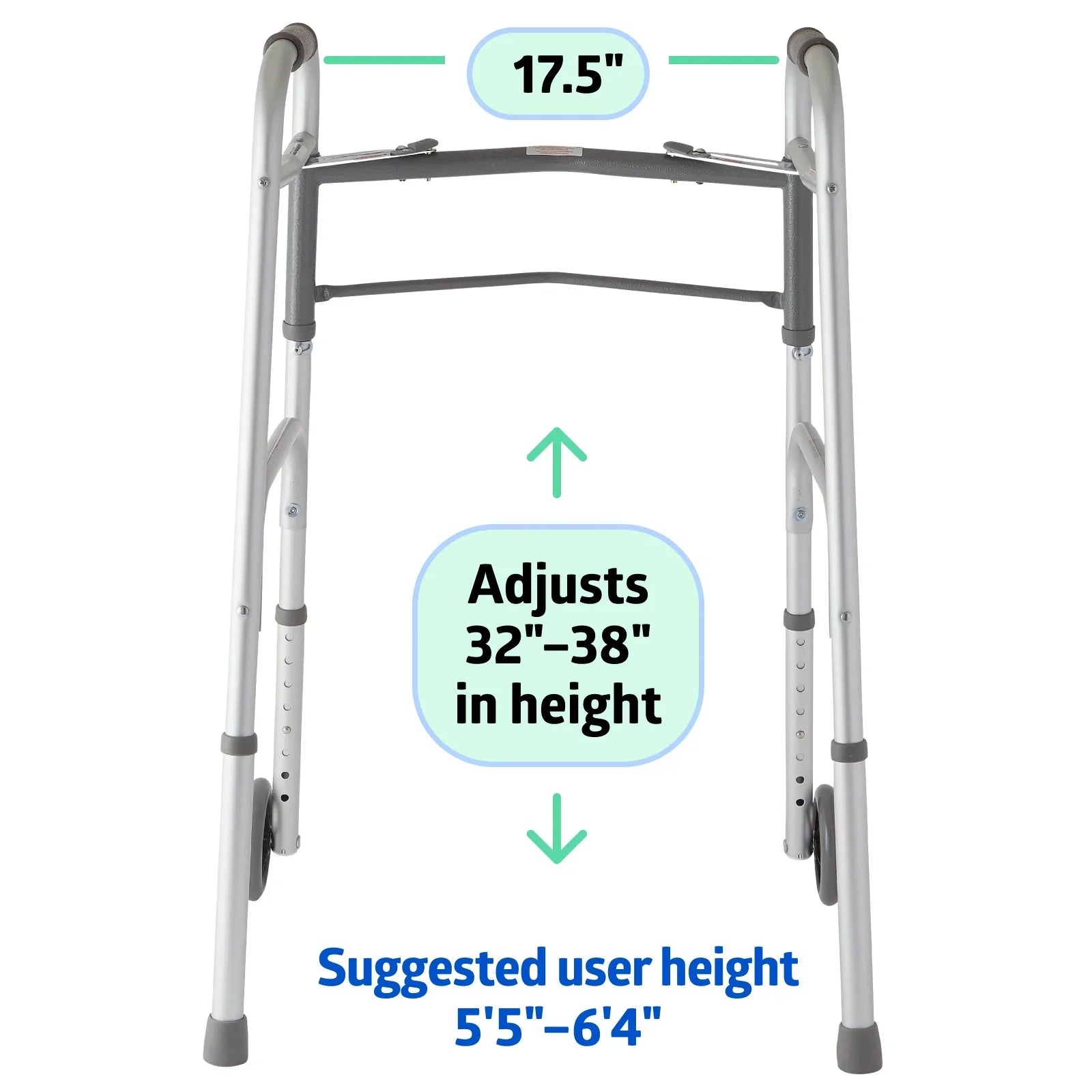 Medline Lightweight Folding Walker with 5” Wheels, Aluminum Frame Supports up to 300 lbs.