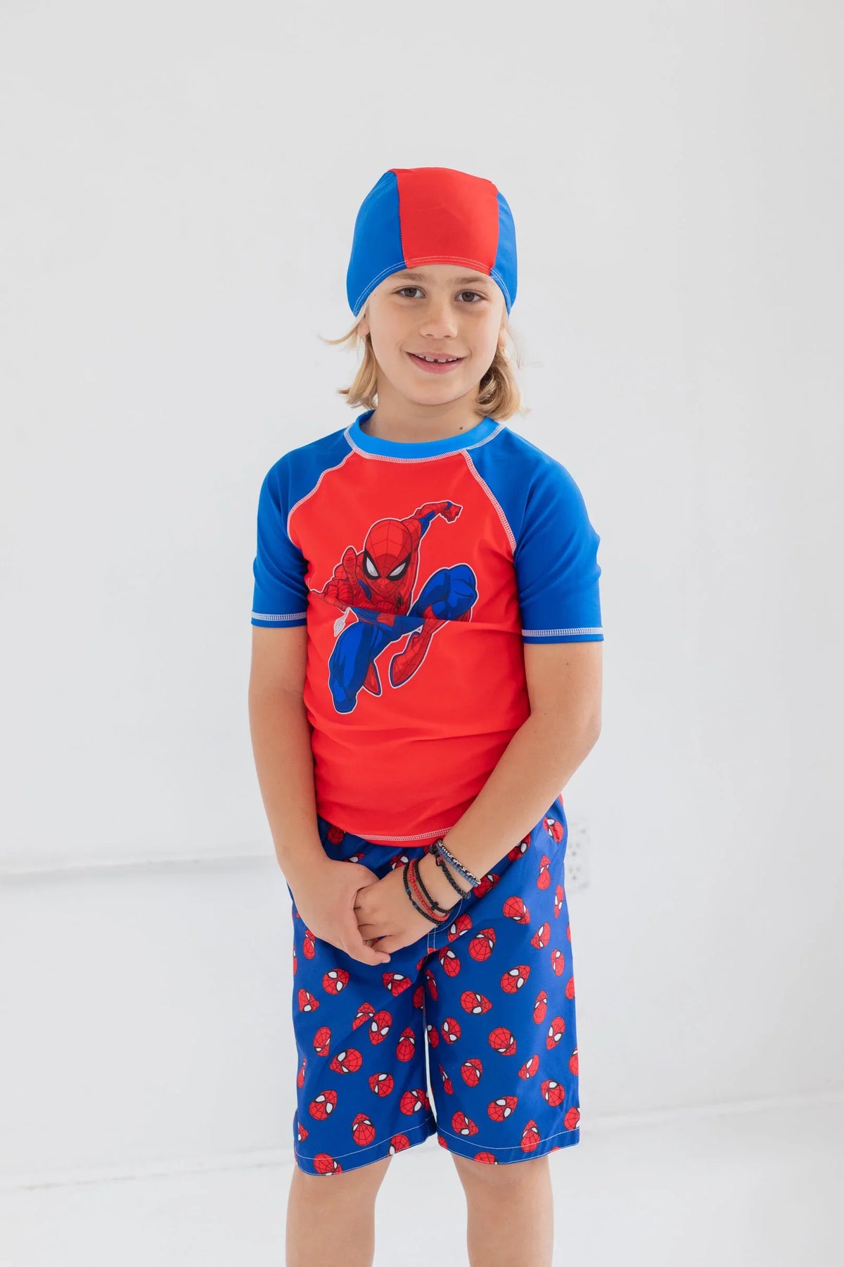 Marvel Avengers Spider-Man Little Boys Rash Guard Swim Trunks and Cap 3 Piece Swimsuit Set Toddler to Big Kid