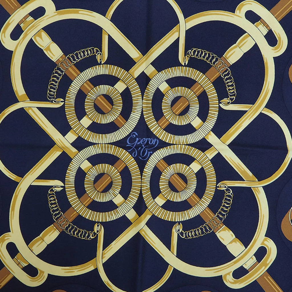 Pre-Owned HERMES Hermes Carre 90 Eperon d'or Golden Spur Pellier Black x Yellow H.d'ORiGNY Scarf Muffler (Good)