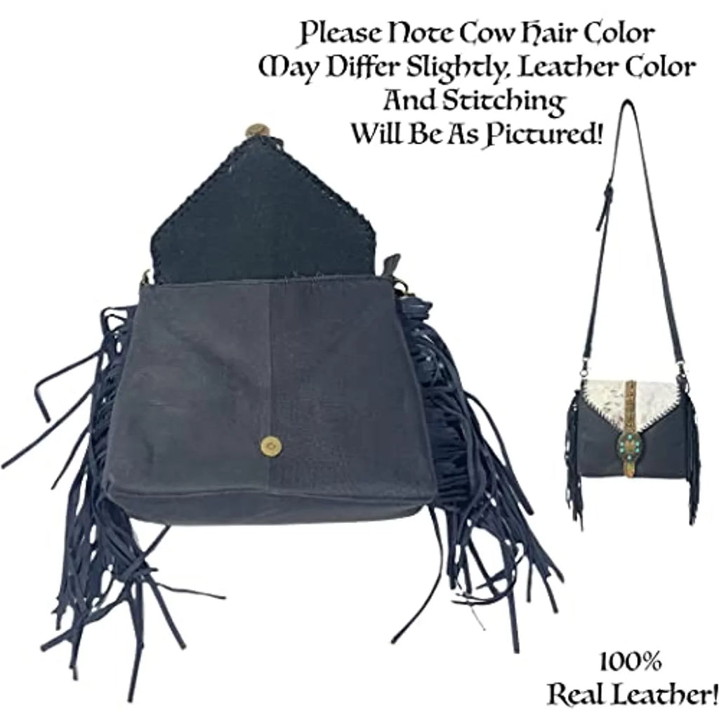 Urbalabs Western Crossbody Fringe Buckle Cowhair Leather Messenger Teal Stone Tooled Tote Bag Hand Stitched Purses (Blue)