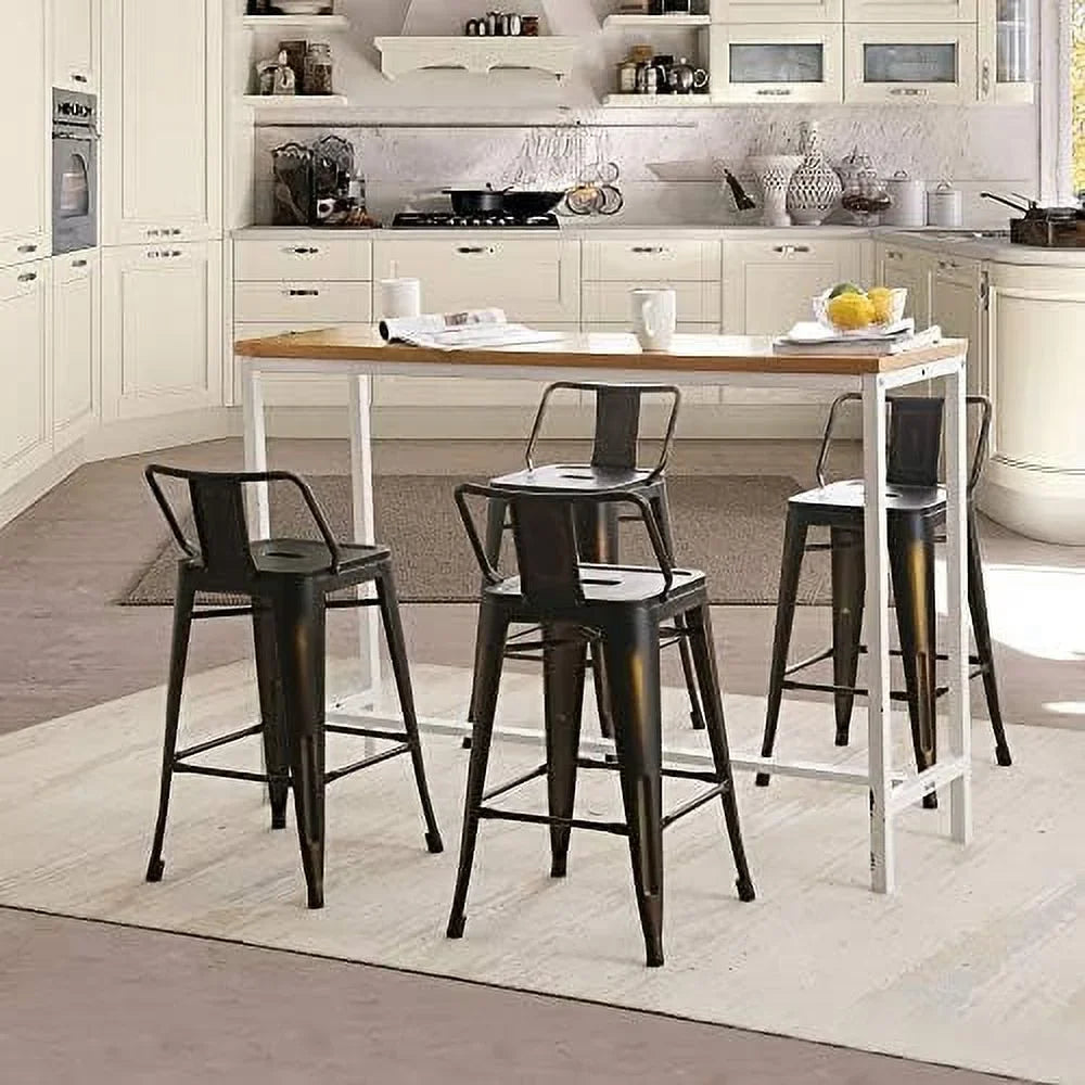 SPBOOMlife Metal  Stools Set of 4 Barstools Counter Height  Stools with Back Industrial  Stools Indoor Outdoor Kitchen Dining Chairs Modern  Chairs Distressed Navy Blue 24inch Stools