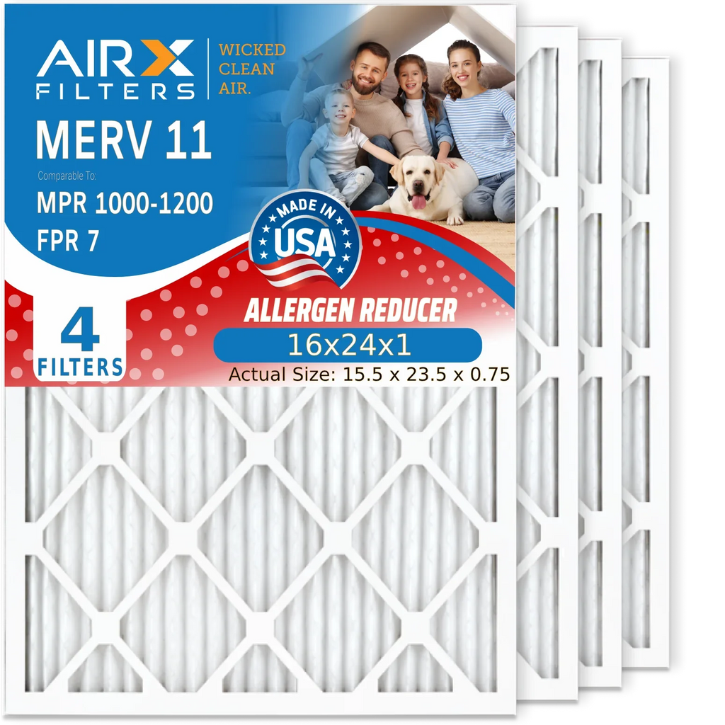 16x24x1 Air Filter MERV 11 Comparable to MPR 1000, MPR 1200 & FPR 7 Electrostatic Pleated Air Conditioner Filter 4 Pack HVAC Premium USA Made 16x24x1 Furnace Filters by AIRX FILTERS WICKED CLEAN AIR.