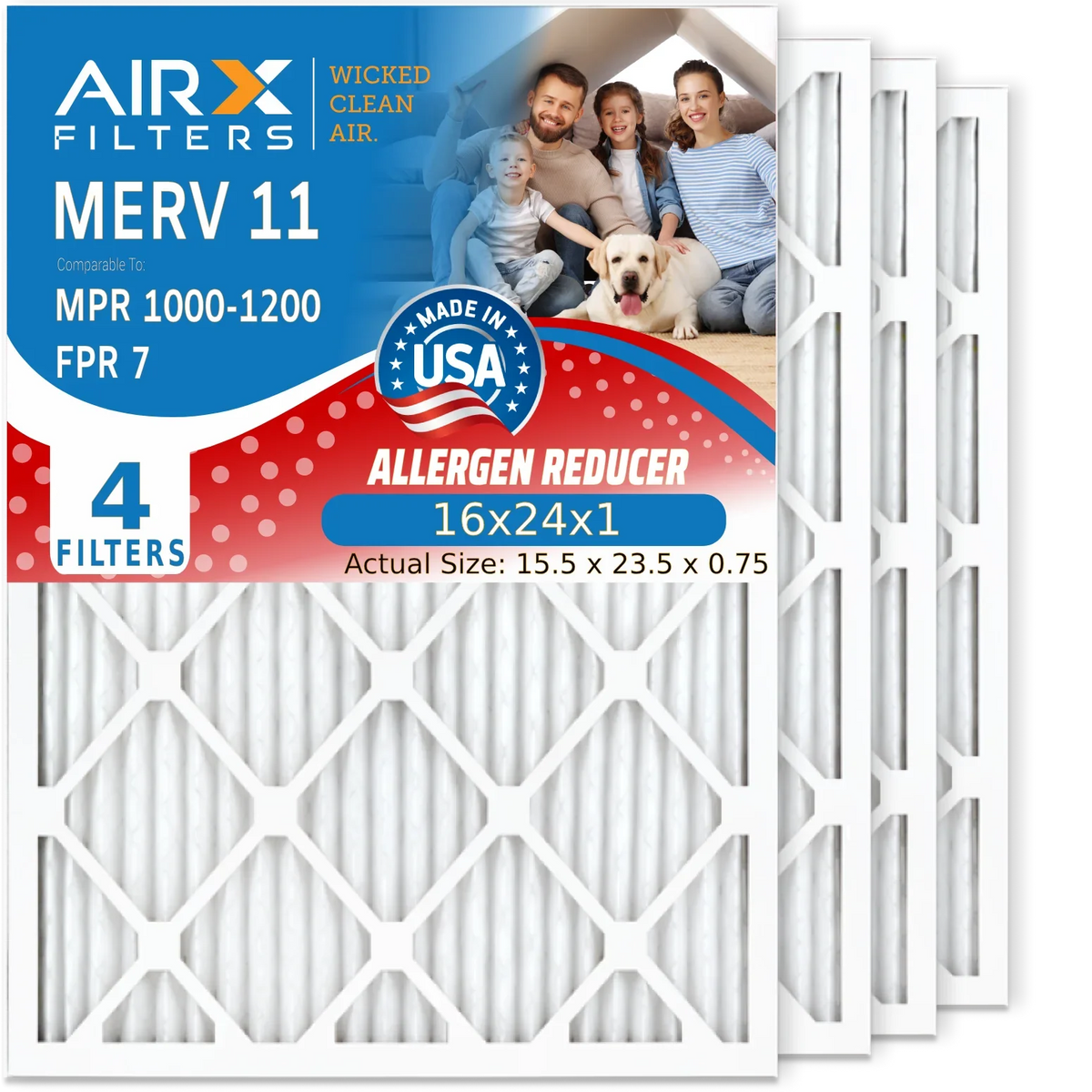 16x24x1 Air Filter MERV 11 Comparable to MPR 1000, MPR 1200 & FPR 7 Electrostatic Pleated Air Conditioner Filter 4 Pack HVAC Premium USA Made 16x24x1 Furnace Filters by AIRX FILTERS WICKED CLEAN AIR.