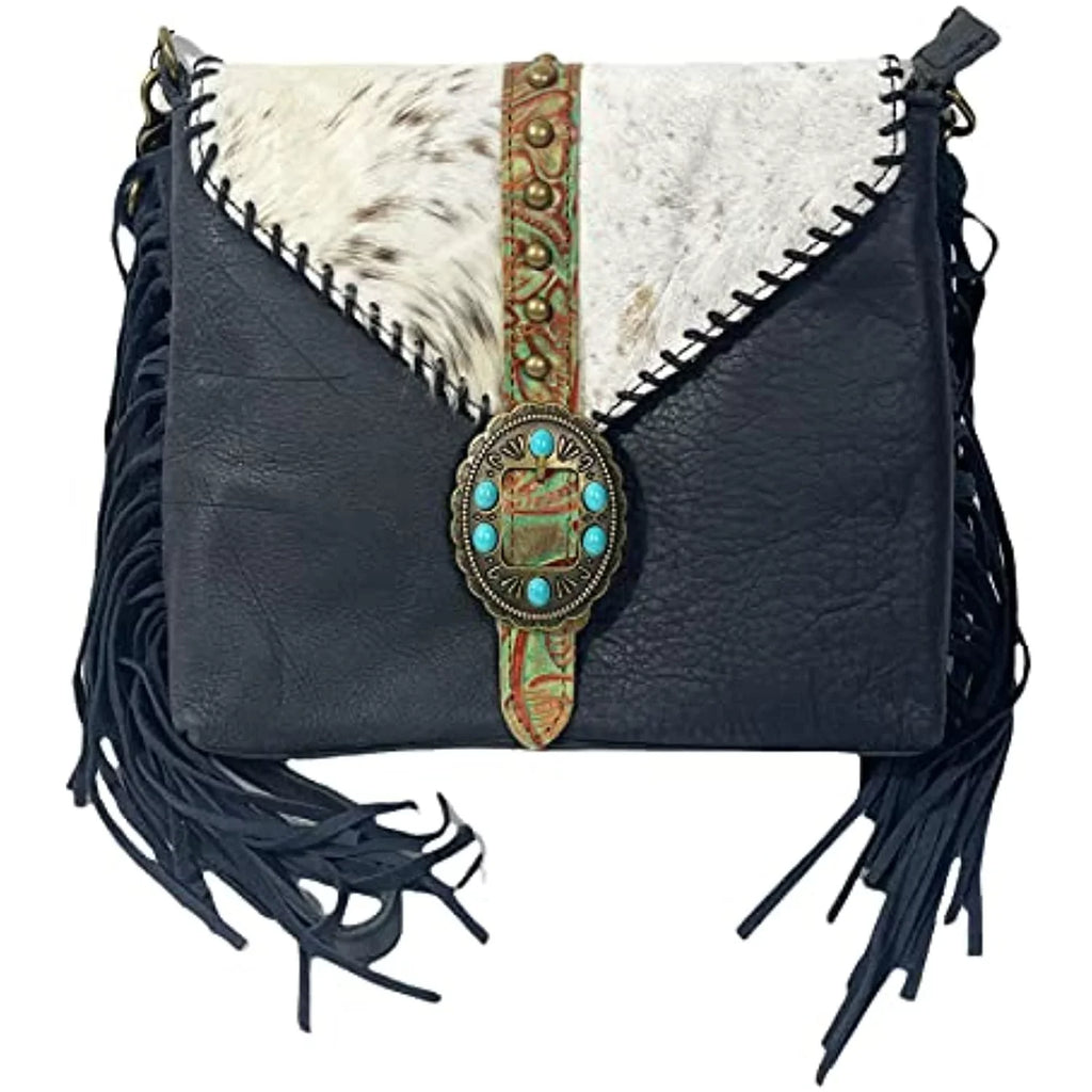 Urbalabs Western Crossbody Fringe Buckle Cowhair Leather Messenger Teal Stone Tooled Tote Bag Hand Stitched Purses (Blue)