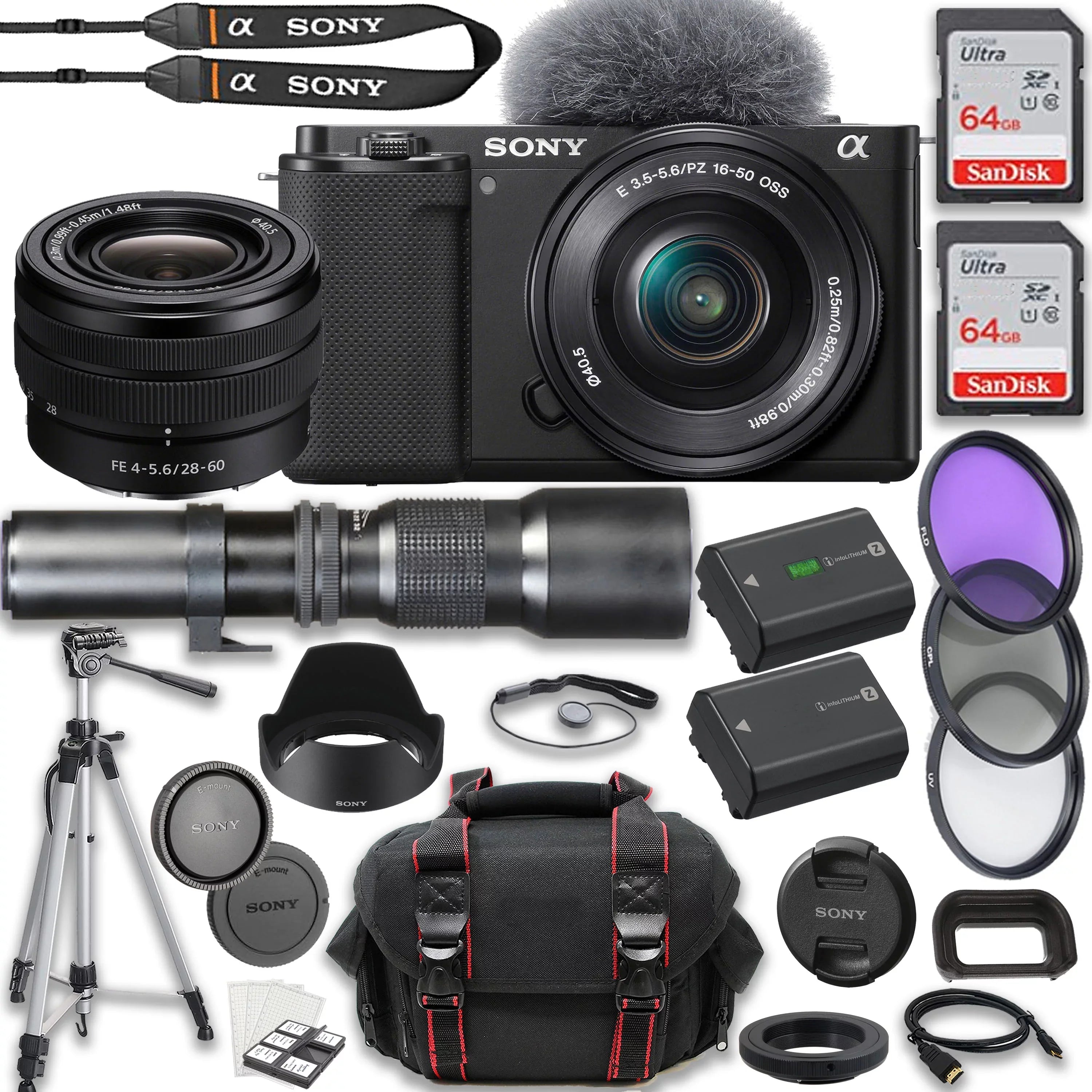 Sony ZV-E1 Mirrorless Camera + Sony FE 28-60mm f/4-5.6 Lens + 500mm f/8 Focus Lenses + 2X 64GB Memory + Case + Tripod & More (25pc Bundle)