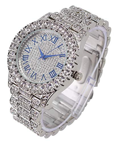 Charles Raymond Mens Silver Big Rocks with Roman Numerals Fully Iced Out Colorful Dial Wristwatch w/Blinged Out Cuban Shiny Silver Bracelet - ST10327 RN Cuban (Silver Royal Blue R #)