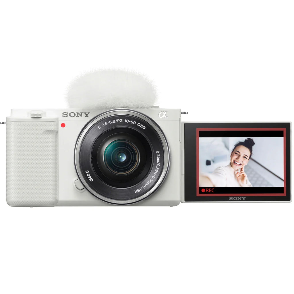 Sony ZV-E10 Mirrorless Alpha APS-C Vlog Camera 2 Lens Kit 16-50mm + 55-210mm ILCZV-E10L/W White Bundle with Deco Gear Case + Filter Set + Wide Angle & Telephoto Lenses + Extra Battery & Accessories