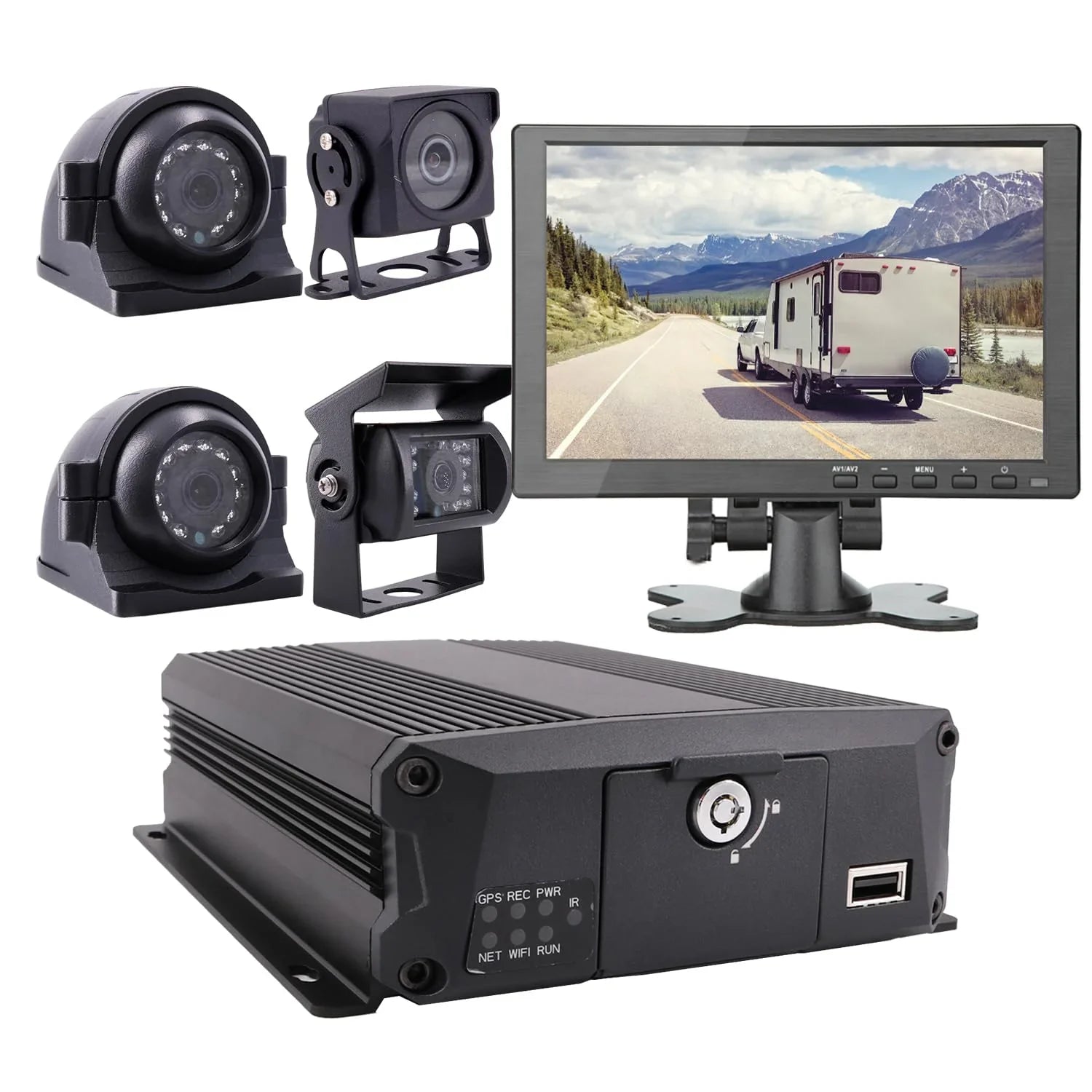 JOINLGO 4 Channel H.264 2.0MP 1080P AHD Mobile Vehicle Car DVR MDVR Video Recorder Kit with Night Vision Waterproof Side Front Rear View Car Camera 10 inches Screen