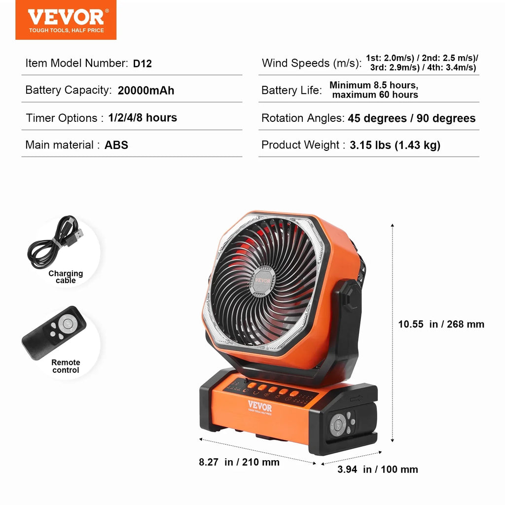 SKYSHALO 9 inch Portable Fan Rechargeable with LED Lantern 4 Speeds Swivel Timer