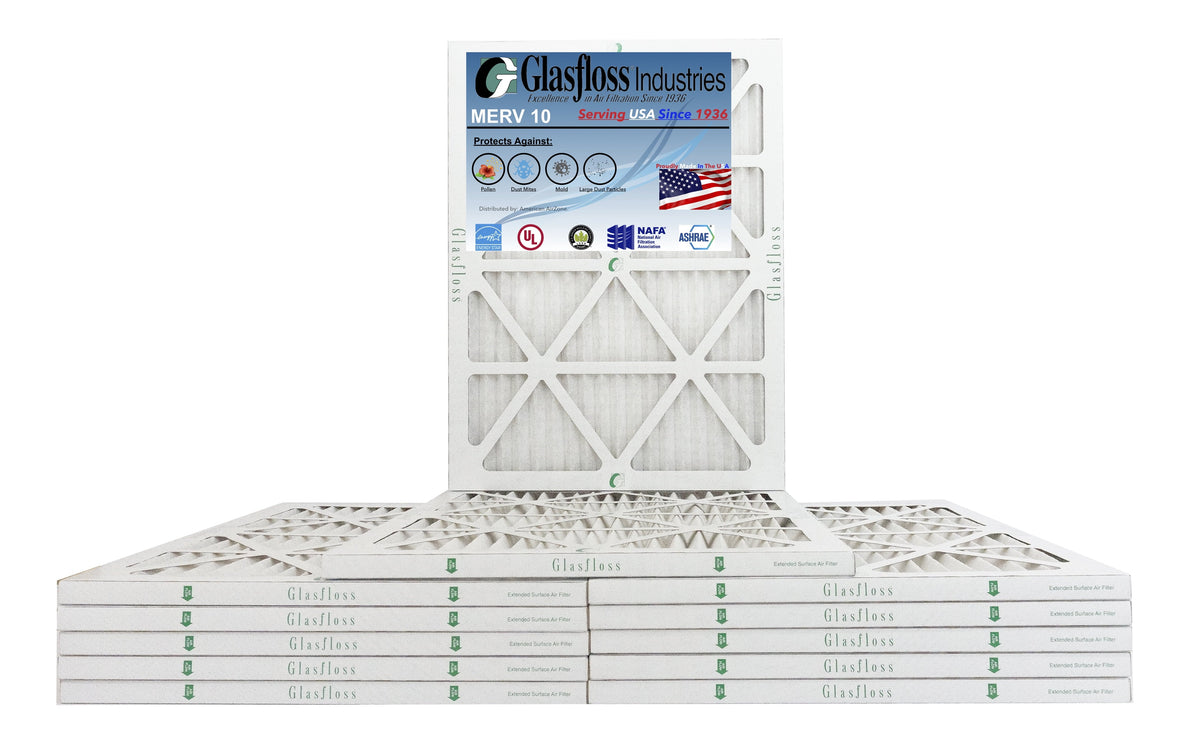 Glasfloss 16x20x1 - MERV 10 -Qty:12 - Furnace Air Filter - Made in USA (Actual Size: 15.5 x 19.5x7/8 inch)