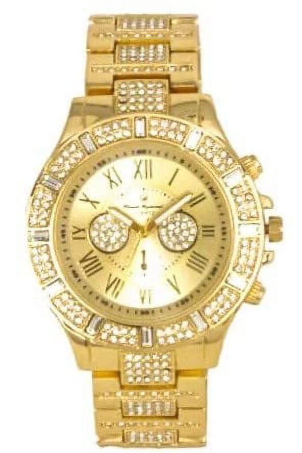 Iced Mens Single Watch- Big Rhinestones on Trim and Elegant Baguette Time Indicators on Dial - ST10226B (ST10506 Gold)
