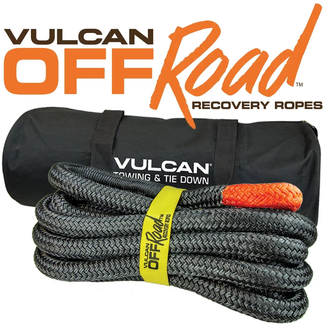 VULCAN Off-Road Recovery Rope, 1-1/4 inch x 30 foot, Orange Eyes, 52300 Lbs Breaking Strength, Bag