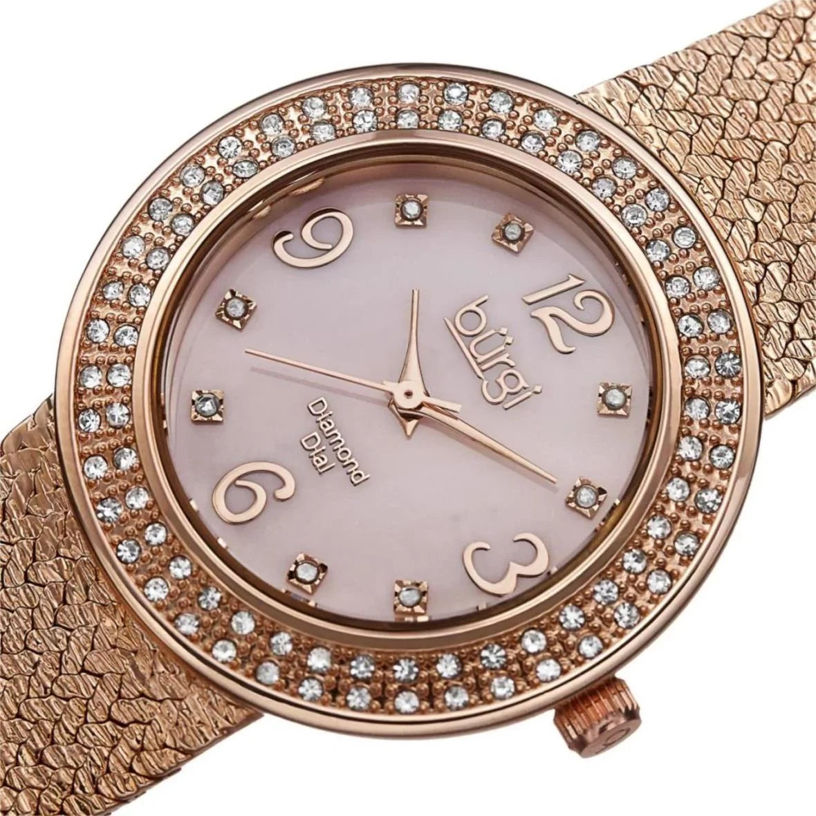 Women's BUR097RG Crystal Accented Rose Gold Swiss Quartz Watch with Pink Mother of Pearl Dial and Rose Gold Bracelet