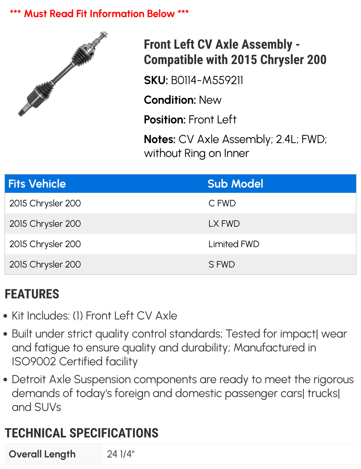 Front Left CV Axle Assembly - Compatible with 2015 Chrysler 200