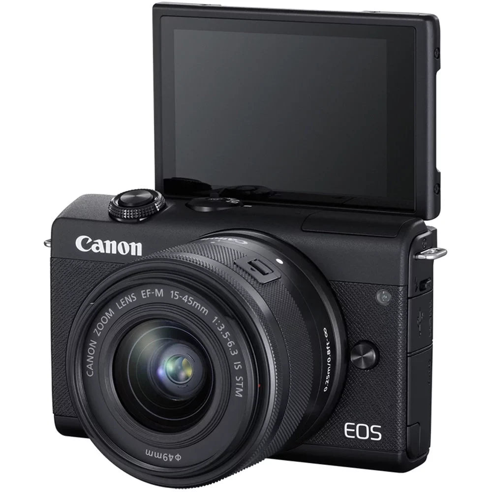 Repaired Canon EOS M200 Mirrorless Digital Camera with 15-45mm Lens (Black) (3699C009) + 64GB Memory Card + Case + Card Reader + Flex Tripod + Hand Strap + Cap Keeper + Memory Wallet + Cleaning Kit (Refurbished)
