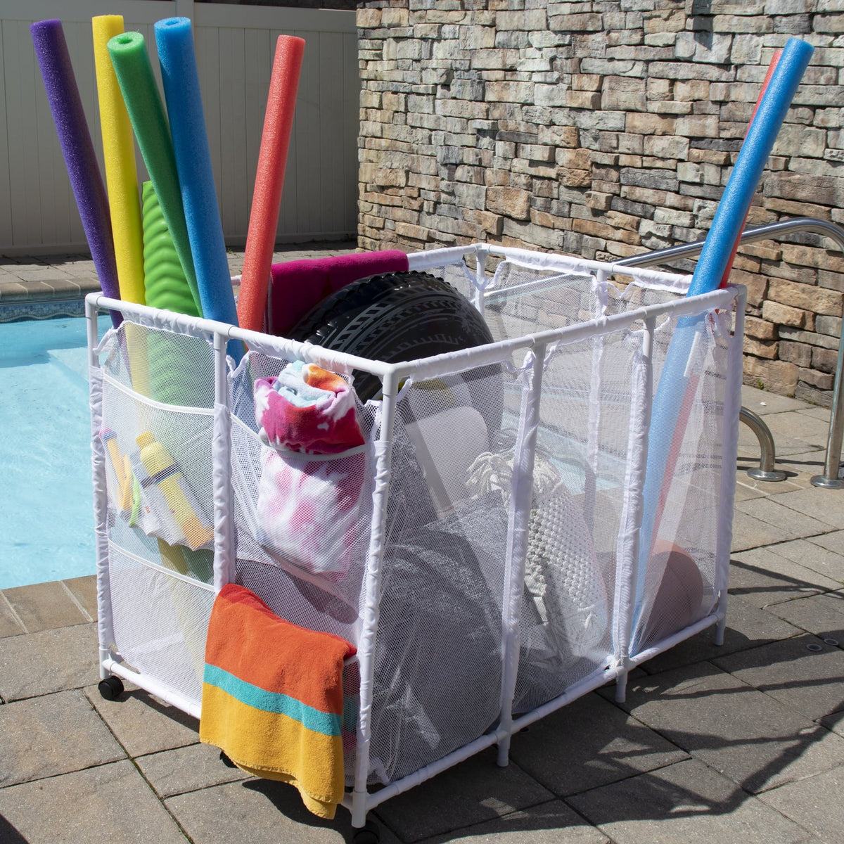 Essentially Yours Pool Noodles Holder, Toys, Floats, Balls and Floats Equipment Mesh Rolling Storage Organizer Bin,, Extra-Large, (47.2" W x 30.2" L x 34" H), White Style 455119