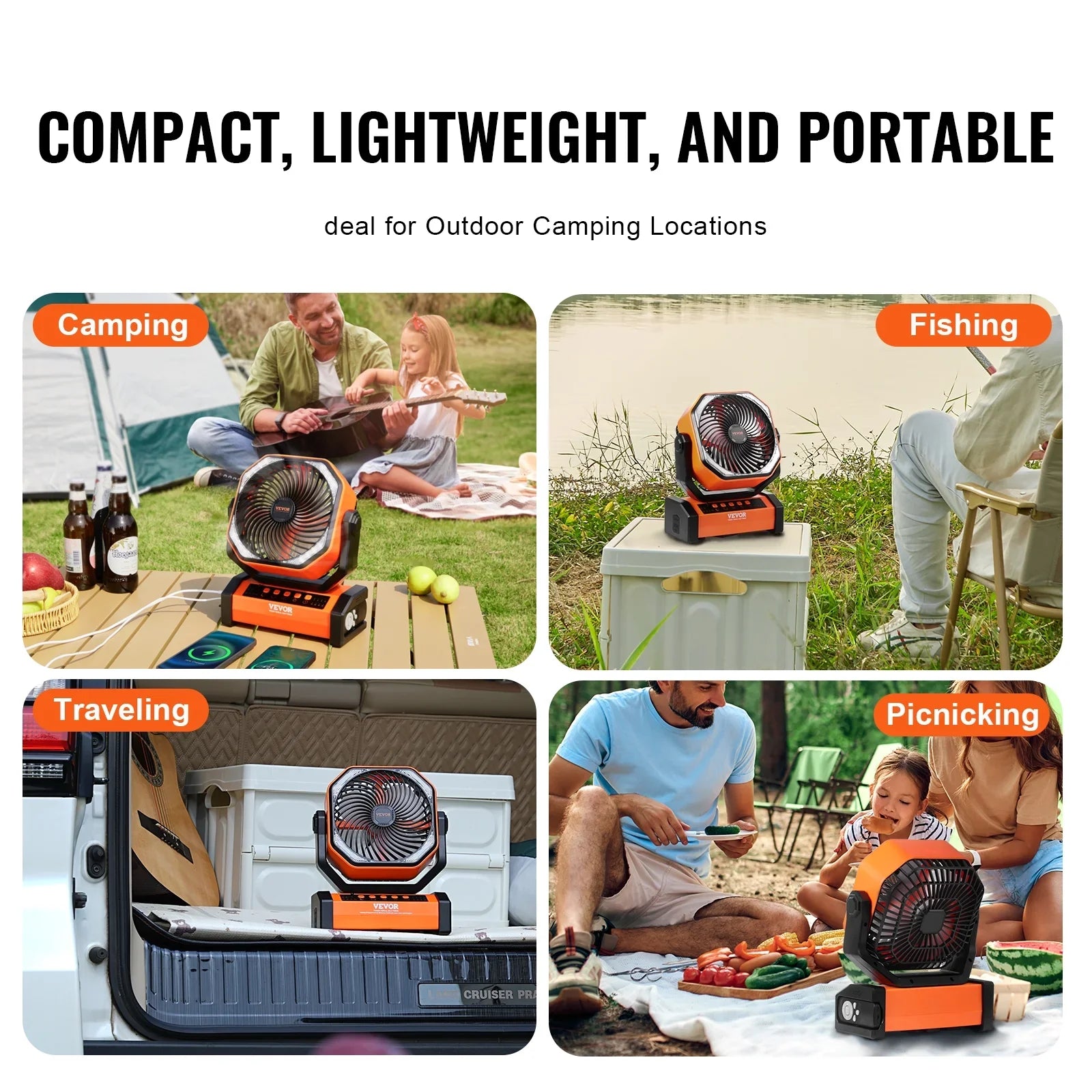 SKYSHALO 9 inch Portable Fan Rechargeable with LED Lantern 4 Speeds Swivel Timer