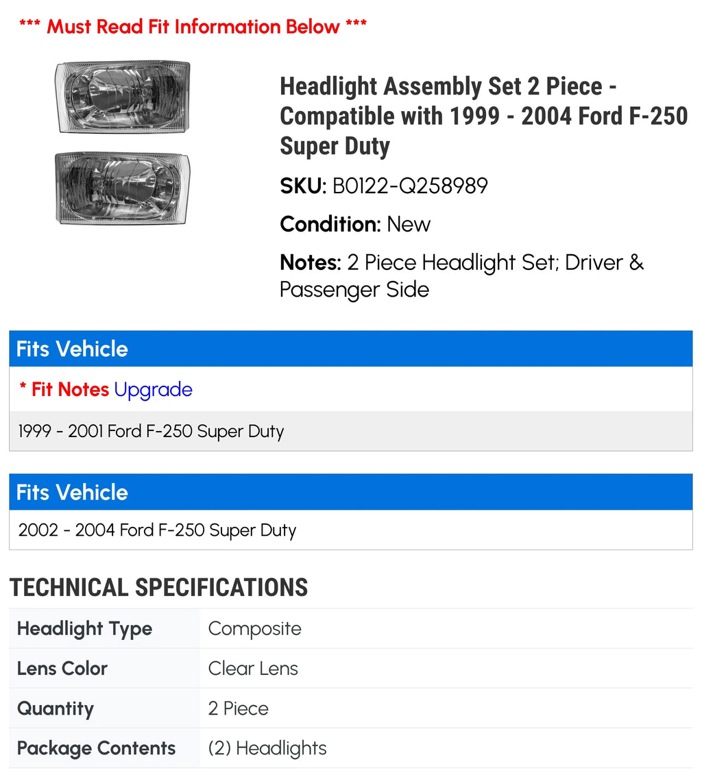 Headlight Assembly Set 2 Piece - Compatible with 1999 - 2004 Ford F-250 Super Duty 2000 2001 2002 2003