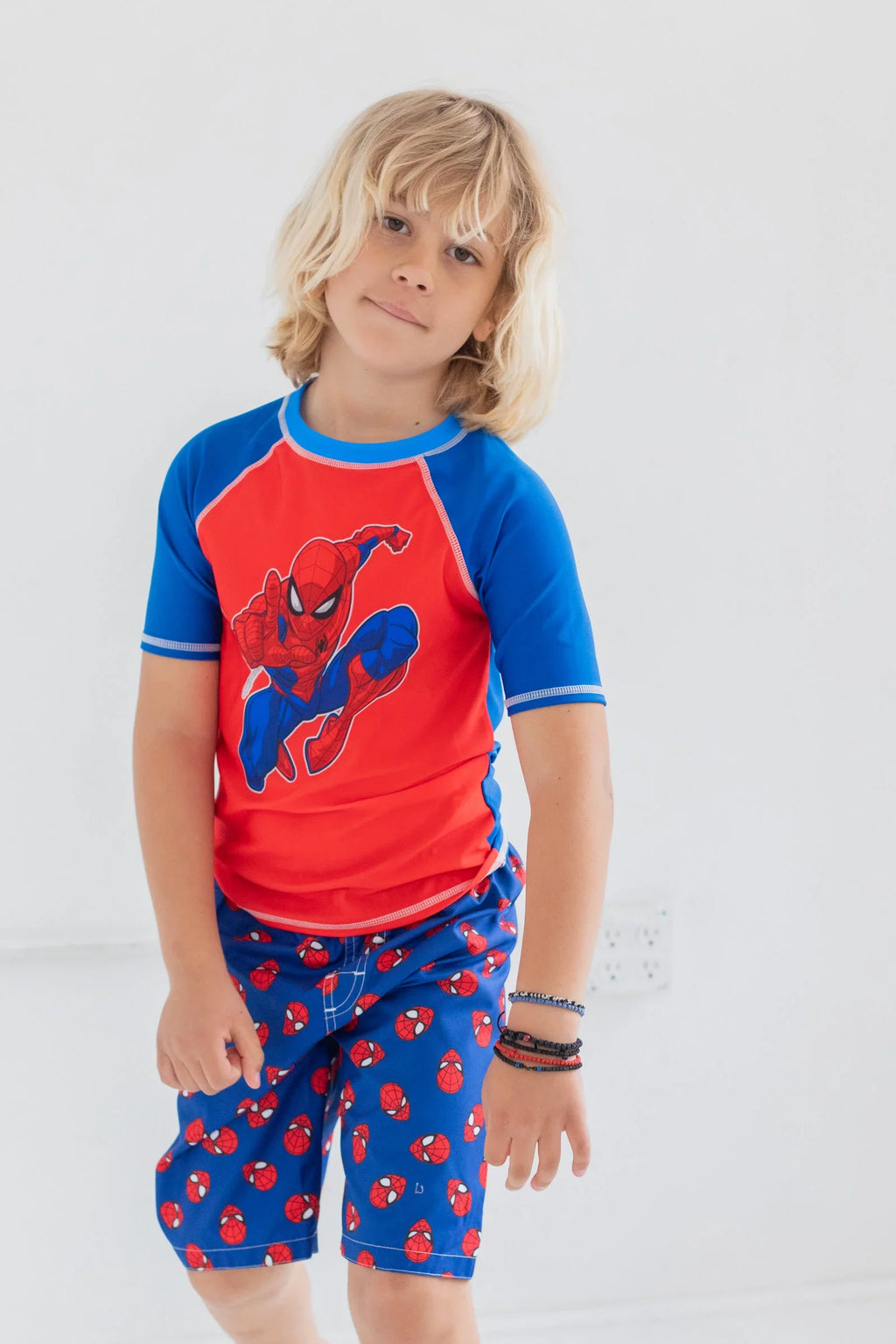 Marvel Avengers Spider-Man Little Boys Rash Guard Swim Trunks and Cap 3 Piece Swimsuit Set Toddler to Big Kid