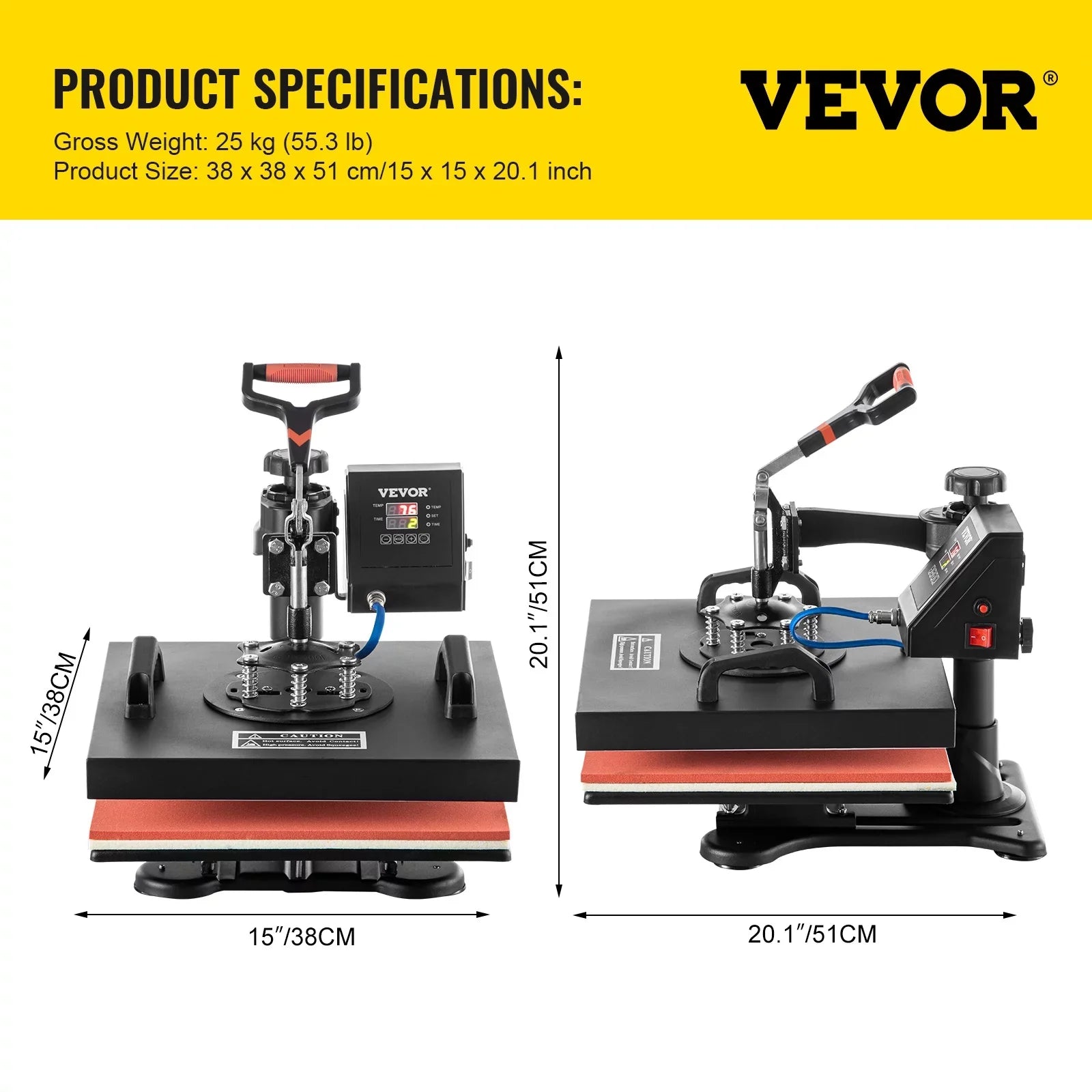 VEVORbrand 6 in 1 Heat Press Machine 15"x15" Combo Digital Multifunctional Sublimation Heat Transfer Machine Dual LED Panel 360 Degree Rotation Swing Away for Printing T Shirts Hat Mug Cap Plate