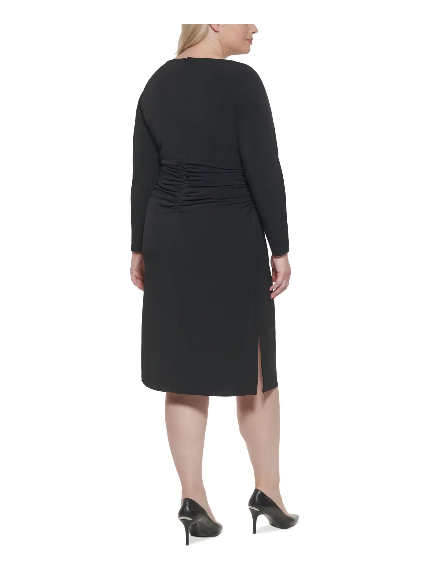 CALVIN KLEIN Womens Black Stretch Ruched Zippered Long Sleeve Round Neck Midi Wear To Work Sheath Dress Plus 16W