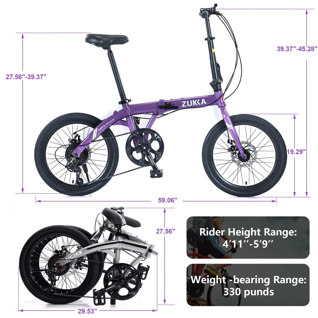 20" Folding Bike, 8 Speed City Bicycle, Aluminium Alloy Frame, Purple