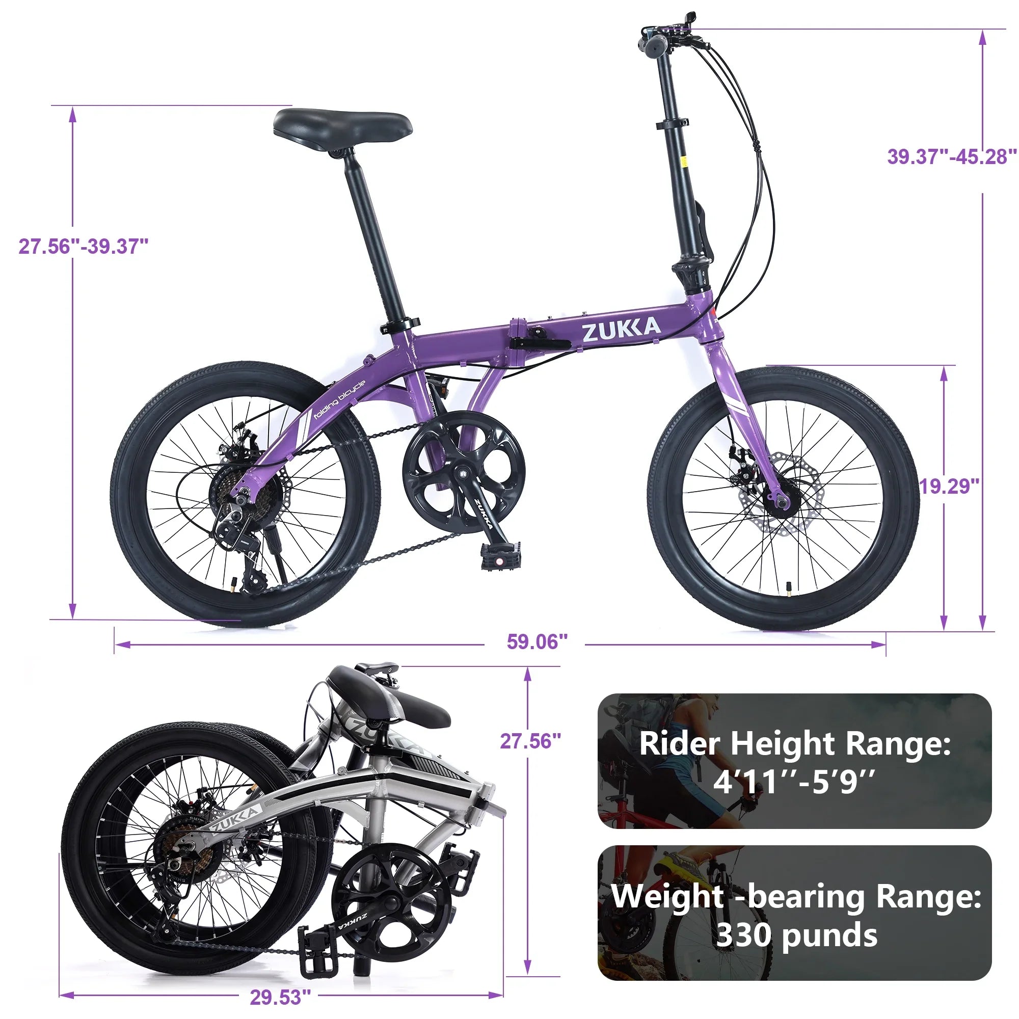 20" Folding Bike, 8 Speed City Bicycle, Aluminium Alloy Frame, Purple