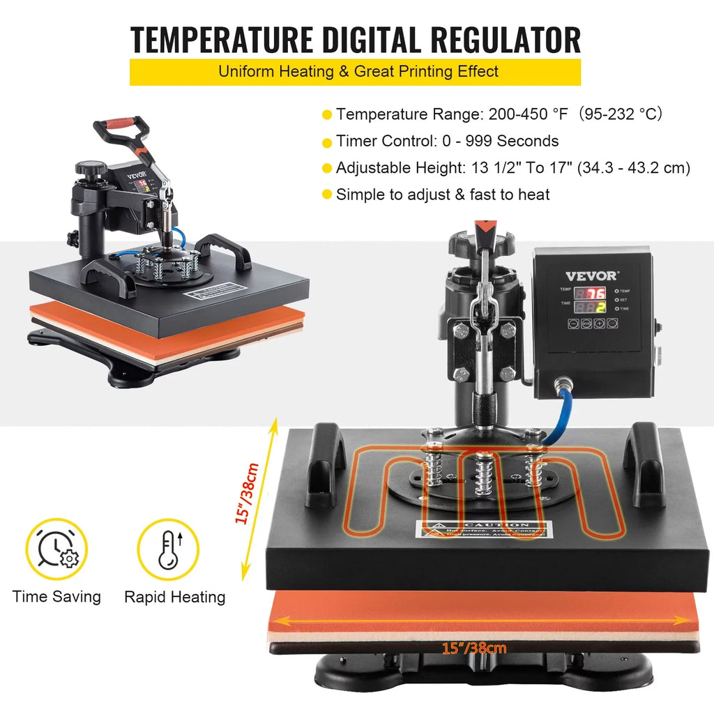 VEVORbrand 6 in 1 Heat Press Machine 15"x15" Combo Digital Multifunctional Sublimation Heat Transfer Machine Dual LED Panel 360 Degree Rotation Swing Away for Printing T Shirts Hat Mug Cap Plate