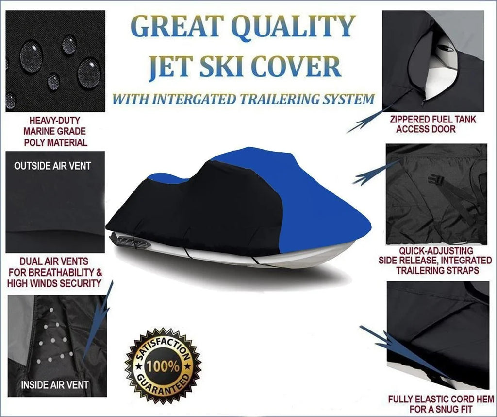 BLACK / BLUE HEAVY-DUTY, 600 DENIER TOP OF THE LINE Cover Compatible for Polaris SL700 1996 1997 / SL 780 1996 1997 / 900 1996 1997 / 1050 1997 Jet Ski PWC Cover 1-2 Seater