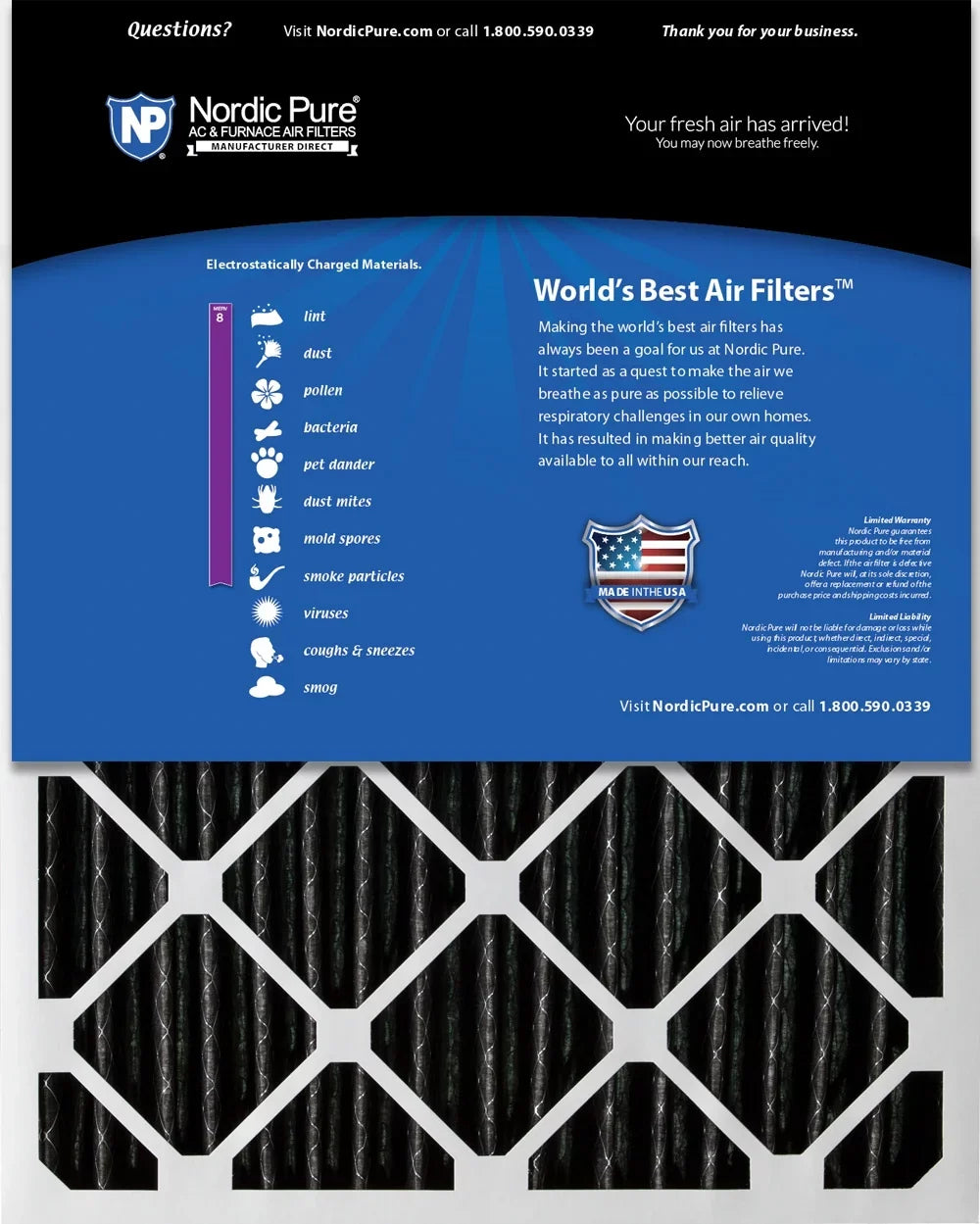 Nordic Pure 16x25x2 Furnace Air Filters MERV 8 Pleated Plus Carbon 12 Pack