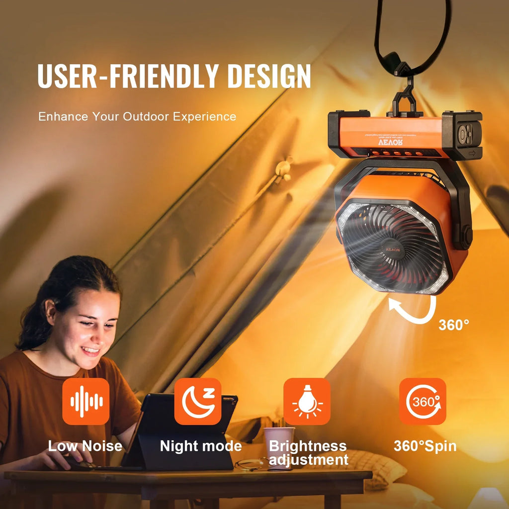 SKYSHALO 9 inch Portable Fan Rechargeable with LED Lantern 4 Speeds Swivel Timer
