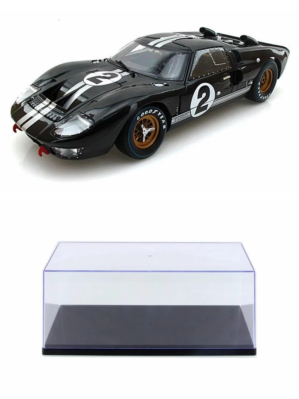 Diecast Car w/Screen Case - 1966 Ford GT-40 MK II #2, Black w/ Silver Stripes - Shelby  SC408 - 1/18 Scale Diecast Model Toy Car