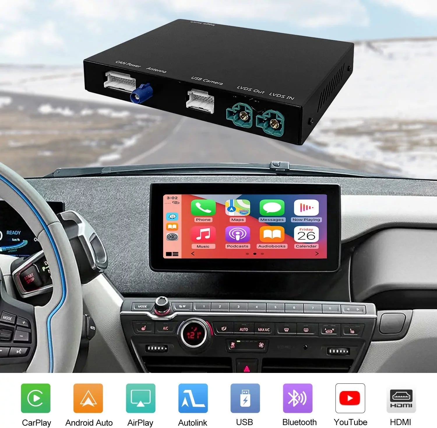 Road Top Wireless Carplay Retrofit Kit Decoder for BMW i3 I01 NBT System 2012-2017 Year, Support Android Auto, Mirrorlink, Reverse Camera, Original Car Knob Control